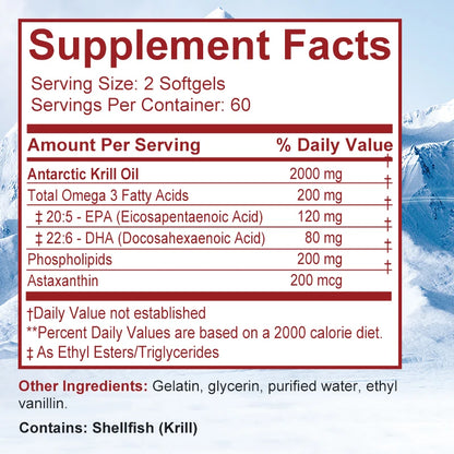 Antarctic Krill Oil - with Omega-3 EPA, DHA, Astaxanthin - Supports Brain,Cardiovascular,Joint,Eye & Skin Health - 120 Capsules
