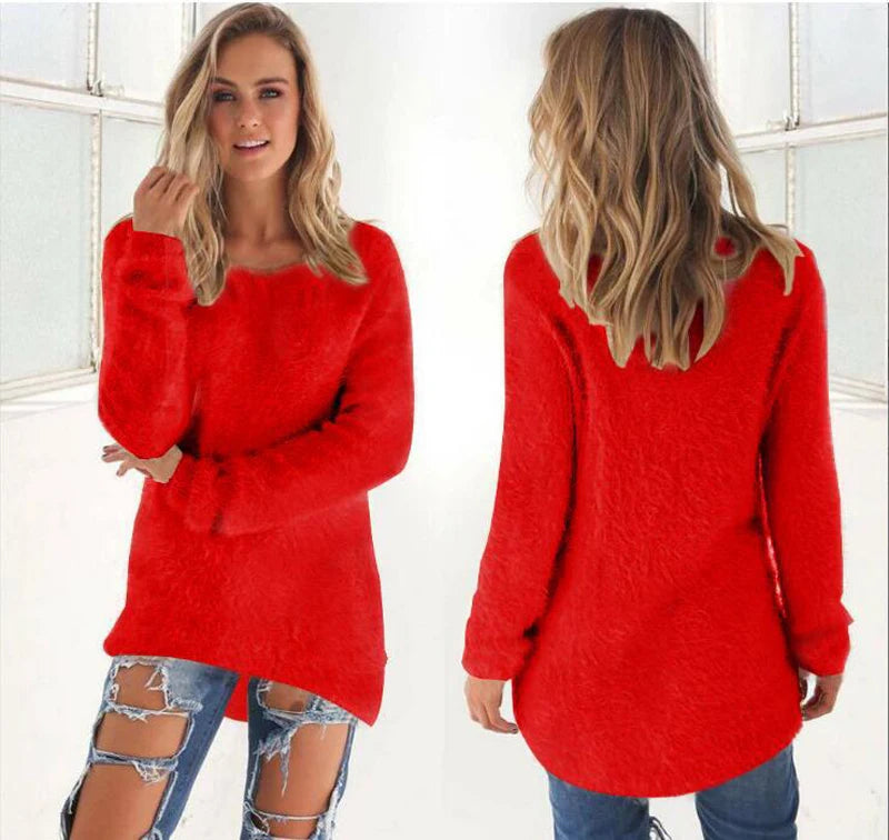 2024 Women Warm Sweaters Solid Color O Neck Loose Knitted Pullover Long Sweater Casual Blouse Lady Hipster Comfortable Clothing