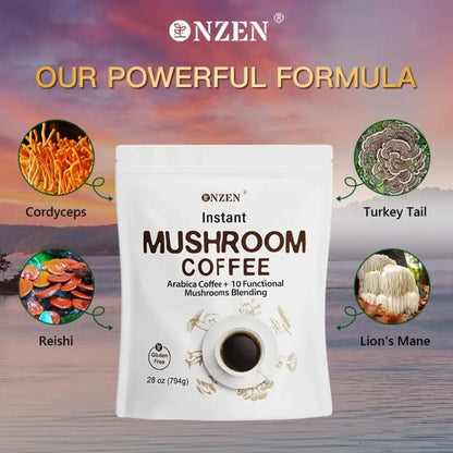 Premium Mushroom Coffee Powder: Arabica Coffee with 10-Mushroom Blend (Lion's Mane, Chaga, Reishi & More) for Enhanced Focus, En