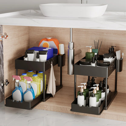 2Pcs 2-Tier Sliding Cabinet Organizer, Pull-Out Under Sink Rack, Double-Layer Storage Shelf for Kitchen & Bathroom