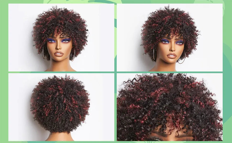Dark Red Highlights Pixie Cut Wig  Glueless Wigs 2x1 Human Hair for Black Women Human Hair Afro Wigs Short Bob Wig With Bangs