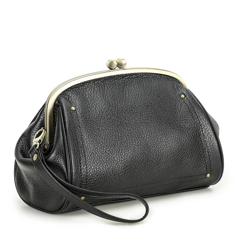 Genuine Leather Women Clutch Wallet Kiss Lock Design Luxury Female Purse Handbag Large Capacity Long Wallet Bag Phone Pocket