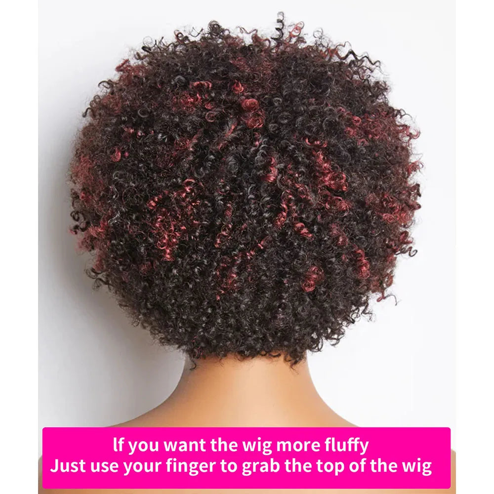 Dark Red Highlights Pixie Cut Wig  Glueless Wigs 2x1 Human Hair for Black Women Human Hair Afro Wigs Short Bob Wig With Bangs