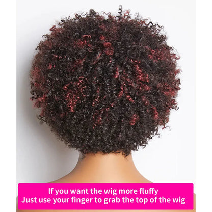 Dark Red Highlights Pixie Cut Wig  Glueless Wigs 2x1 Human Hair for Black Women Human Hair Afro Wigs Short Bob Wig With Bangs