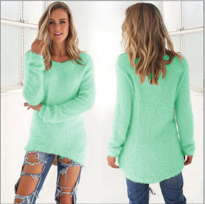 2024 Women Warm Sweaters Solid Color O Neck Loose Knitted Pullover Long Sweater Casual Blouse Lady Hipster Comfortable Clothing