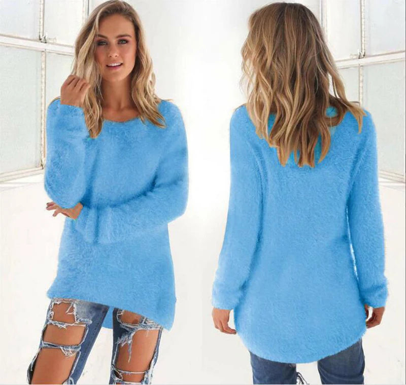 2024 Women Warm Sweaters Solid Color O Neck Loose Knitted Pullover Long Sweater Casual Blouse Lady Hipster Comfortable Clothing
