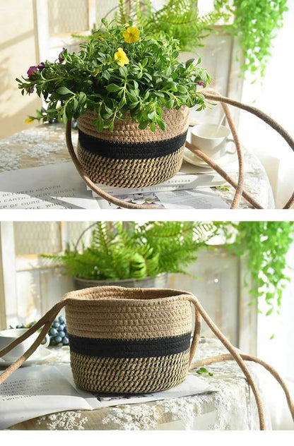 Garden Hanging Planter Woven Plant Storage Basket Indoor Outdoor Flower Holder Home Balcony Ornaments Flower Pot Patio Decor
