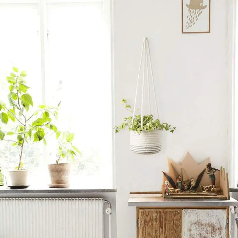 Garden Hanging Planter Woven Plant Storage Basket Indoor Outdoor Flower Holder Home Balcony Ornaments Flower Pot Patio Decor