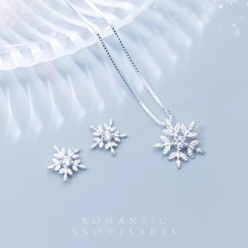 Zircon Snowflake Creative Inlaid Necklace Earring Sets For Women Girl teen Fashion 925 Sterling Silver Gift Christmas Jewelry Set