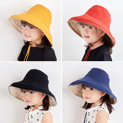 COKK Kids Bucket Hat Summer Foldable Double Sided Wide Brim Beach UV Protection Sunscreen Fisherman Hats Girl