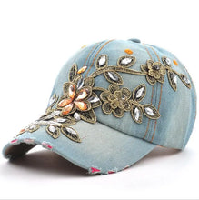 Load image into Gallery viewer, Women&#39;s Baseball Cap Diamond Painting Denim Embroidery Flower Snapback Hats Jean Woman Female Cap Summer Sun Hat
