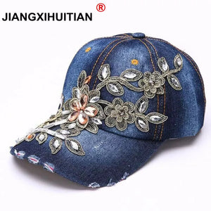 Women's Baseball Cap Diamond Painting Denim Embroidery Flower Snapback Hats Jean Woman Female Cap Summer Sun Hat