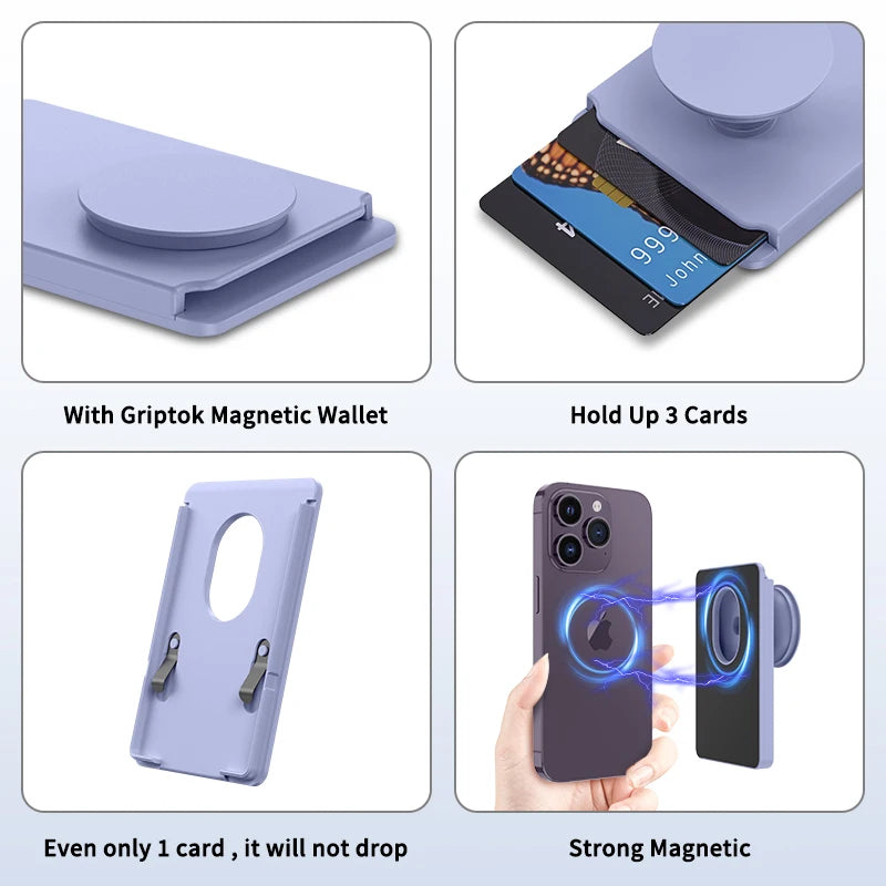 Magnetic Phone Grip Stand Holder with Card Wallet For iPhone 12+ Series Collapsible Phone Grip Holds 2-3 cards Magnetic Wallet