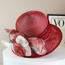 Load image into Gallery viewer, Fashion Hat Women Top Hat Elegant Organza Flower Wide Brim Sun Hat for Women Retro Style Party Banquet Accessory Foldable Beach
