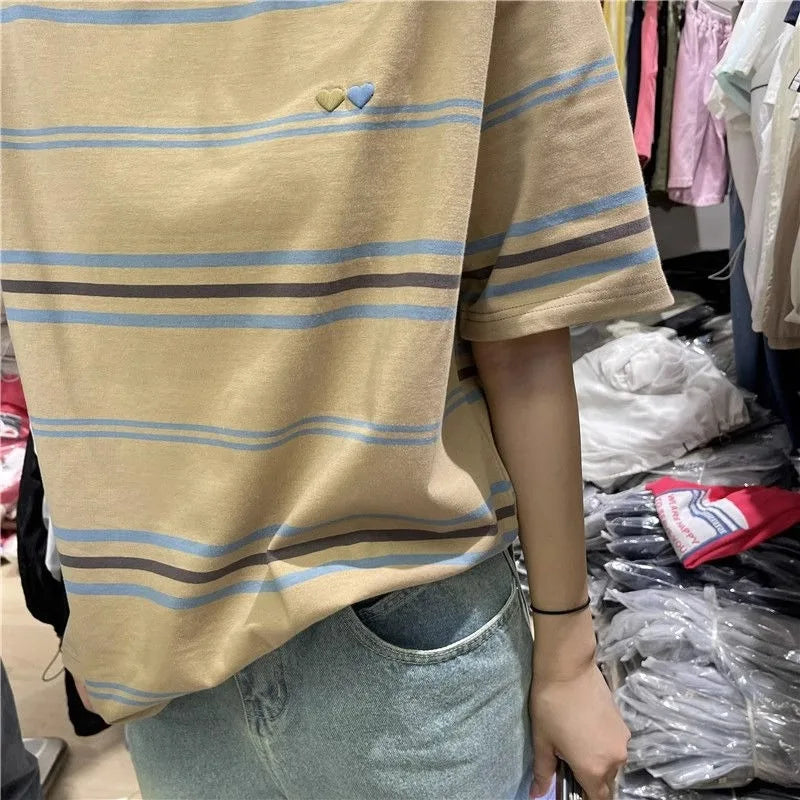 Women's Clothing American Beautiful Contrast Stripe Short Sleeve T-Shirt Summer Loose Casual Versatile Fashion Top