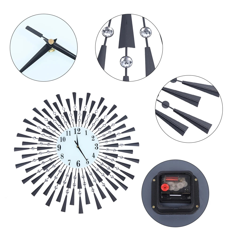 Modern Black Silent Wall Clock Battery Operated Non-Ticking for Bedroom Kitchen Office Home Decorative Crystal Clock Wall Decor