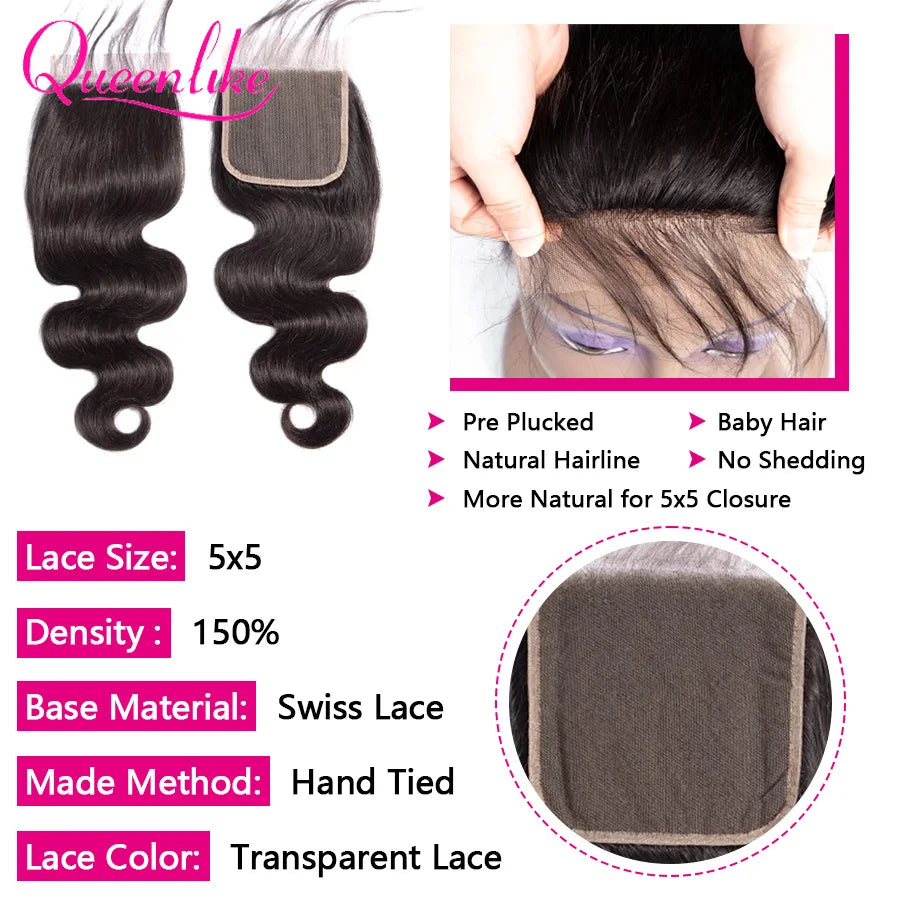 Queenlike 26 28 30 32 inch Body Wave Bundles 100% Human Hair with 4x4/5x5 Lace Closure Brazilian Raw Hair Bundles for Women