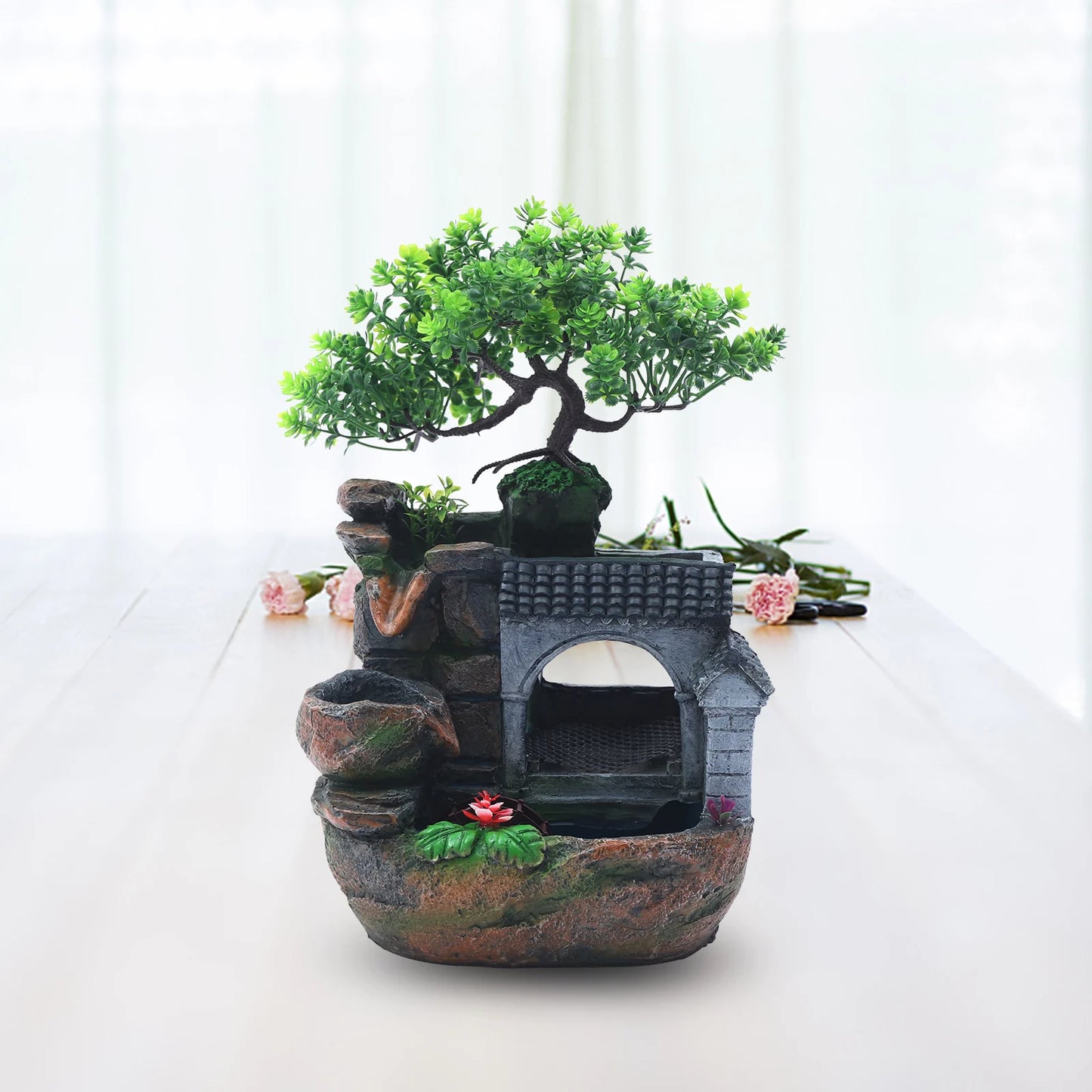 LED Desktop Water Fountain Waterfall Ornament w/ Pump Office Home Indoor Decor