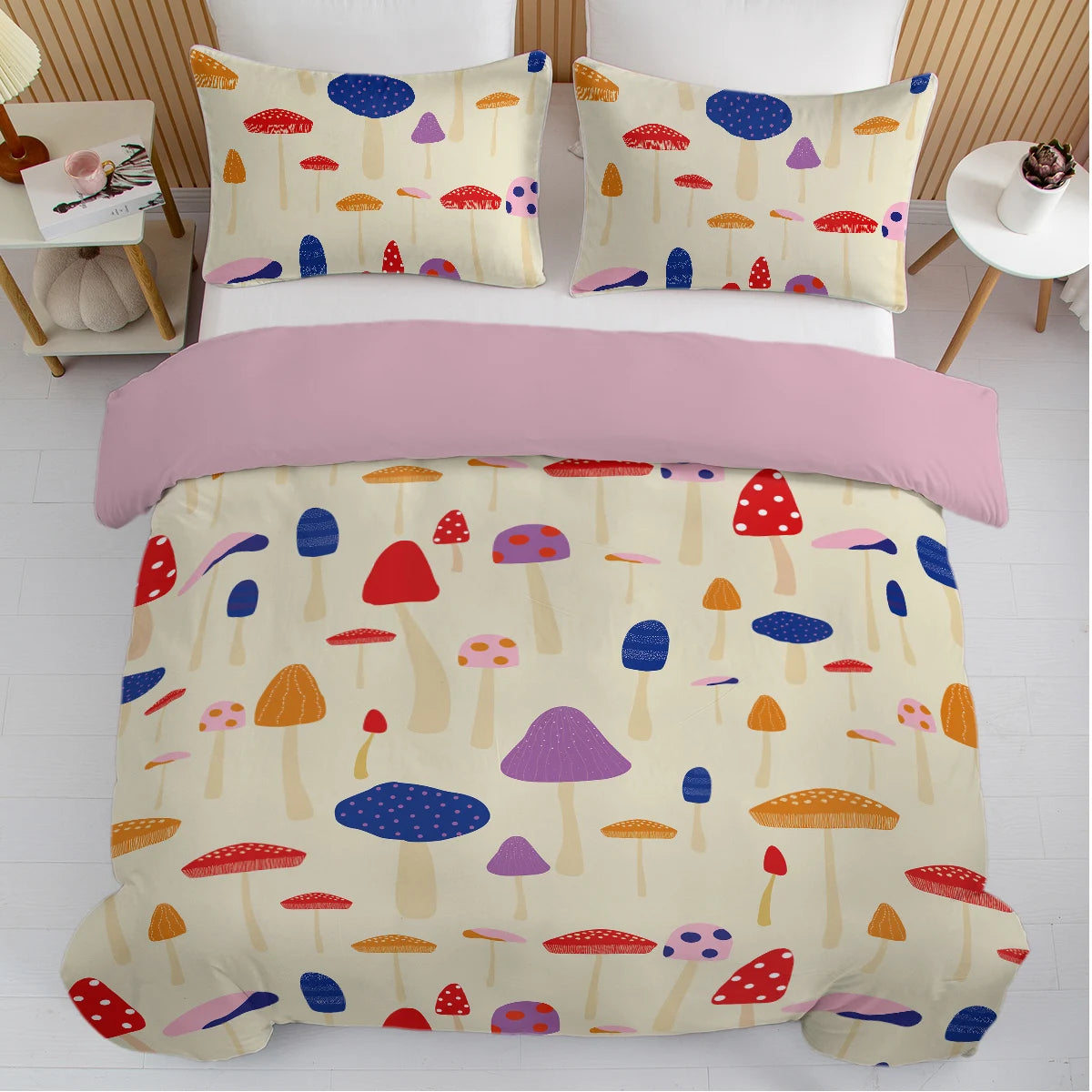 3pc Colourful Cartoon Mushrooms Design Bedding Set Quilt Cover with Zipper Closure 1 Duvet Cover and 2 Pillow Cases