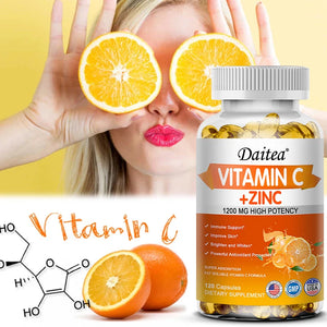 Vitamin C + Zinc Capsules - Immune System Booster Antioxidant Helps Improve Skin Brightening Supports Cellular Energy Production