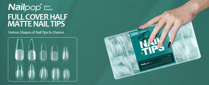 NAILPOP Soft Gel Nail Tips 600PCS Pre-Buff Full Cover Coffin Almond  Oval Shaped Nail Extenison Tips Half Matte Gel X Fake Nails