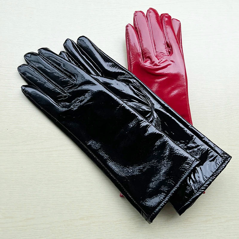 Long Gloves For Women Spring Winter Male Patent Leather Fashion Catwalk Motorcycle Riding Luvas Brilliant Warm Arm Warmer Gants