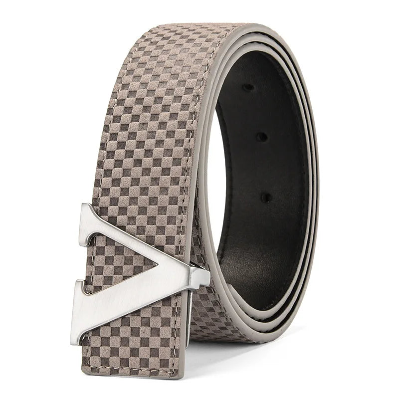 Men's Belt Casual Business V letter Slide Buckle Fashionable Checkered Plaid Leather Male Belt for Men