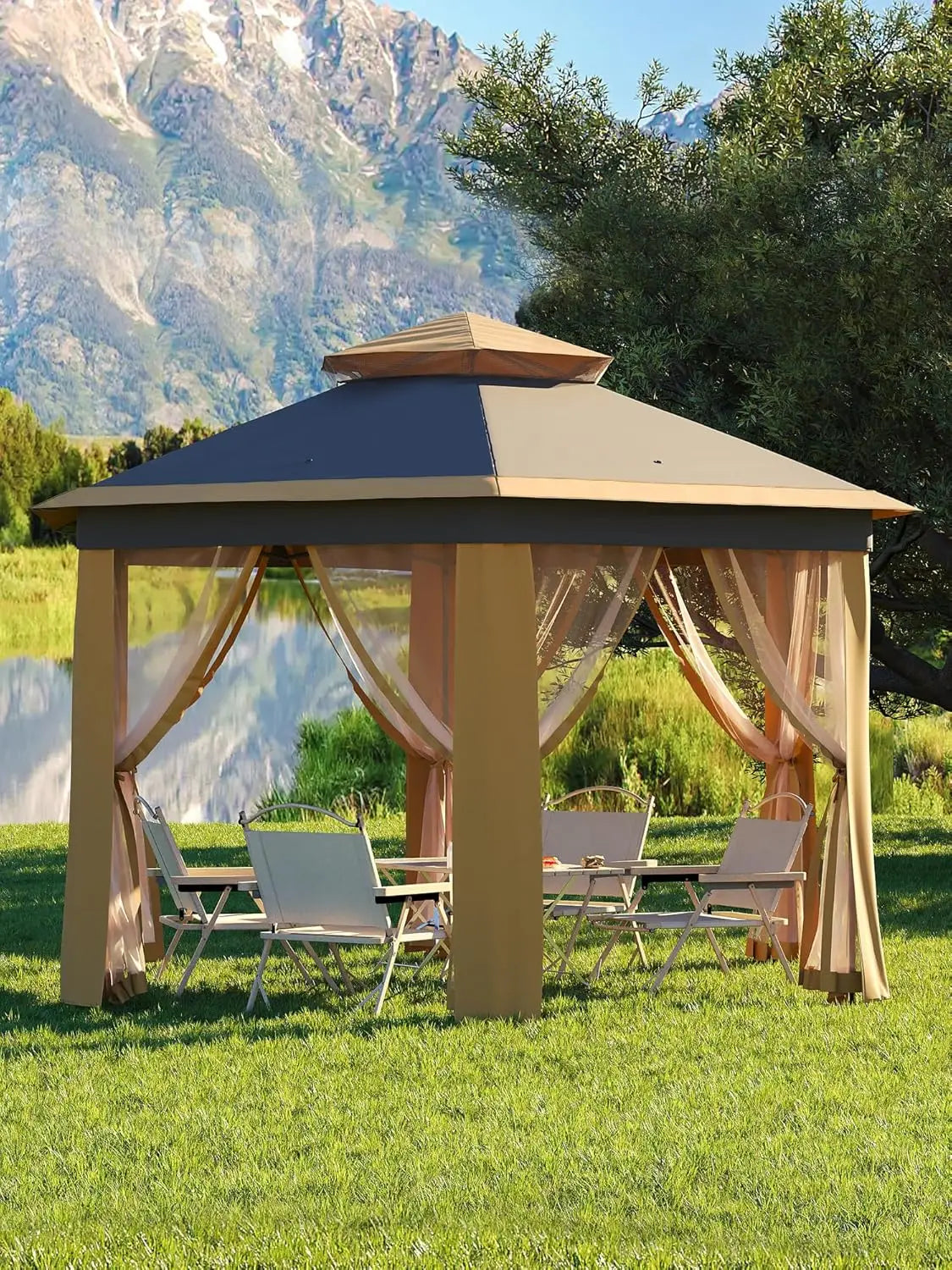 Pop Up Gazebo 13x13ft Hexagonal Canopy Shelter Instant Patio Tent with Mesh Netting Steel Frame for Outdoor Backyard Garden