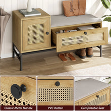 Load image into Gallery viewer, Rattan Shoe Bench with Linen Seat Cushion, Entryway Bench with Storage Cabinet, Wooden Storage Bench for Hallway and Bedroom

