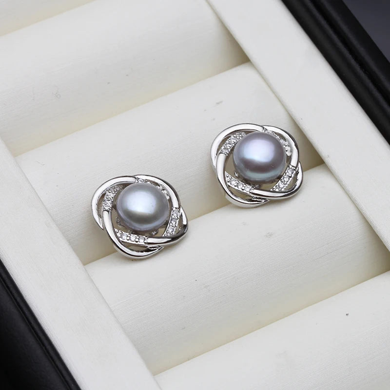 Wedding Natural Freshwater Stud Earrings With Pearls For Women,Silver 925 Pearl Earrings Wife Girls Birthday Gift White Black