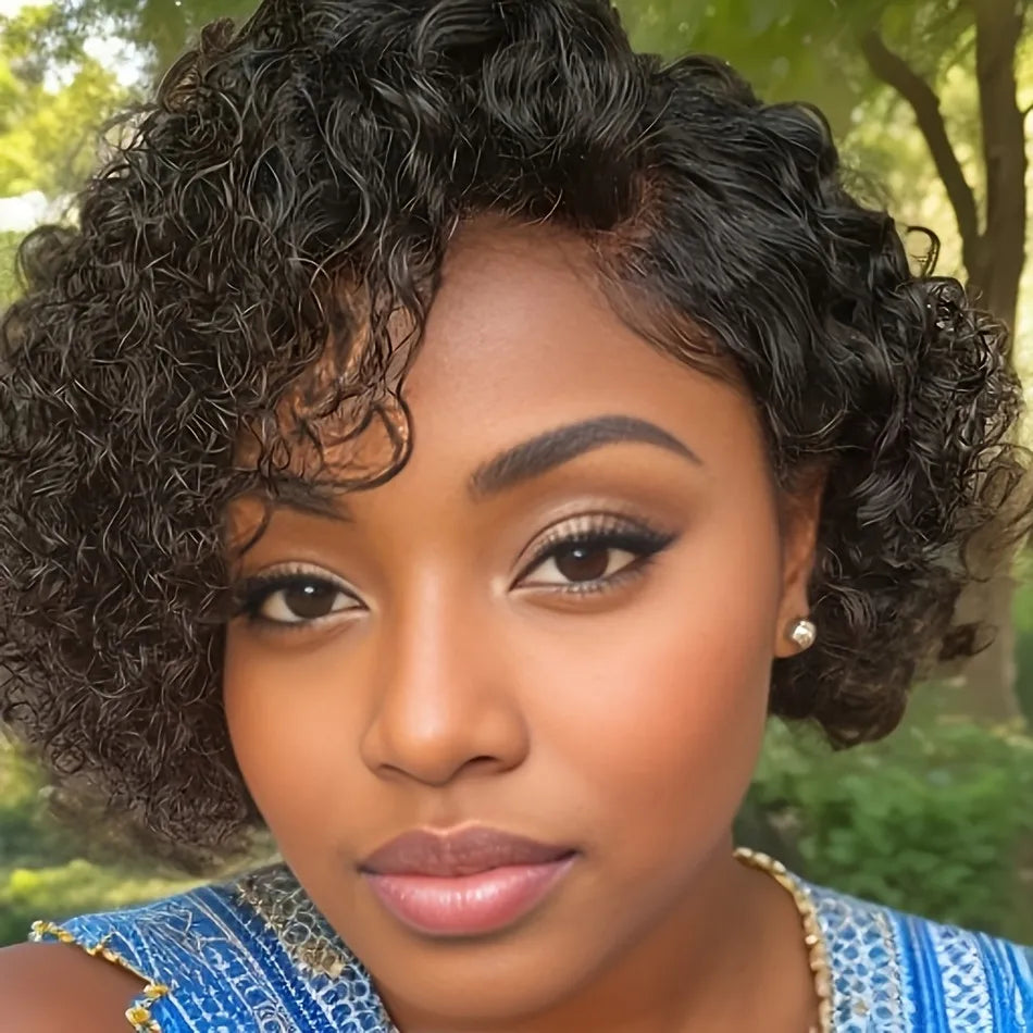 6inch 150% density black color 13x1 Tpart lace short curly human hair wig daily party cosplay use remy hair wig for women