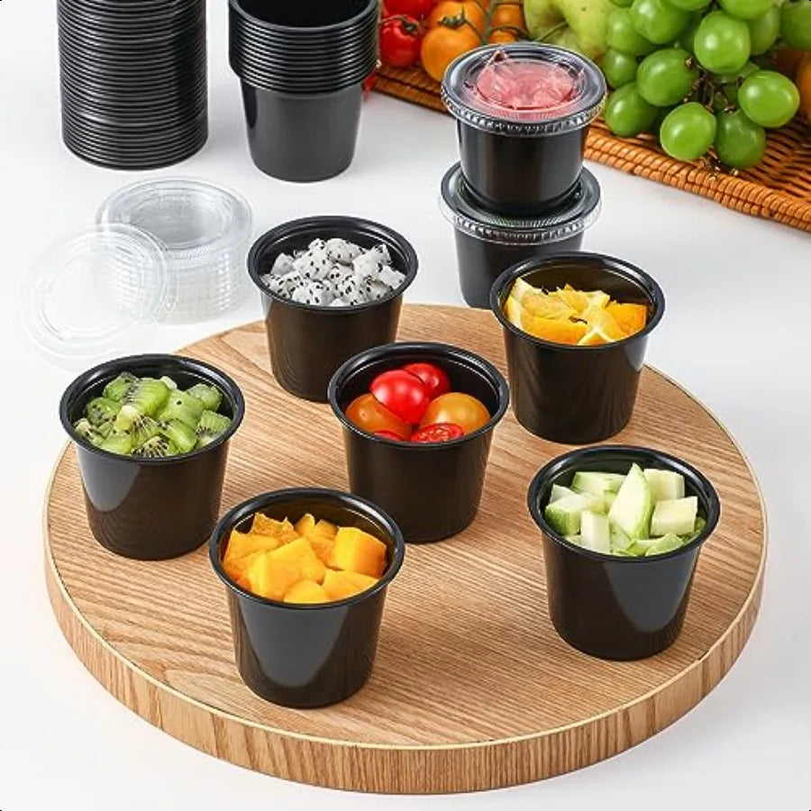 1205.5 oz Black Portion Cups Small Plastic Containers with Lids Airtight and Stackable Souffle Cups Salad Dressing Container Sa