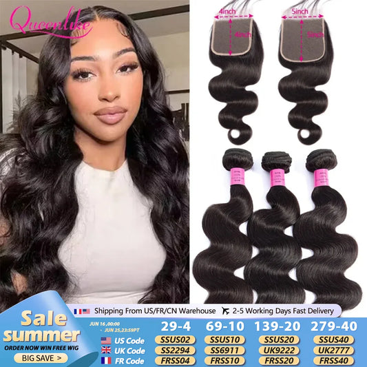 Queenlike 26 28 30 32 inch Body Wave Bundles 100% Human Hair with 4x4/5x5 Lace Closure Brazilian Raw Hair Bundles for Women