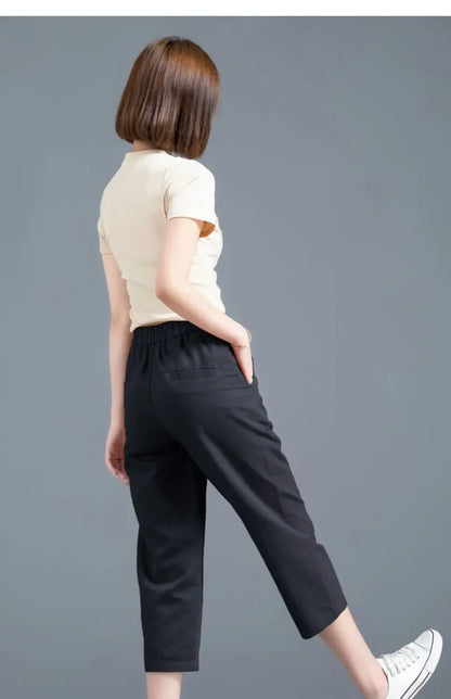Women Clothing New Summer Simple Casual Cotton Linen Haren Capri Pants Female Solid High Waist Loose Cropped Trousers Pantalones