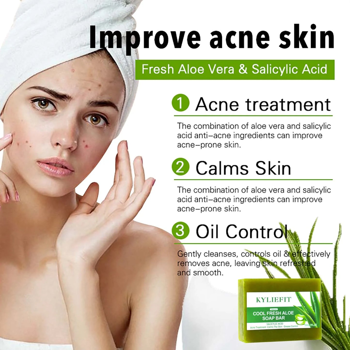 KYLIEFIT Cool Fresh Aloe Vera Soap Bar for All Skin Types, Reduce Spots, Oil Control, Deep Clean, 150g/ 7 oz