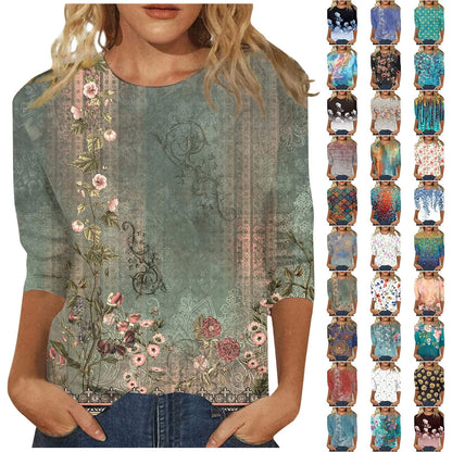 Women's Clothing T-shirt Fashion Casual Round Neck 3/4 Sleeve Loose Printed T-shirt Ladies Top Louse Beautiful Girls T-shirt