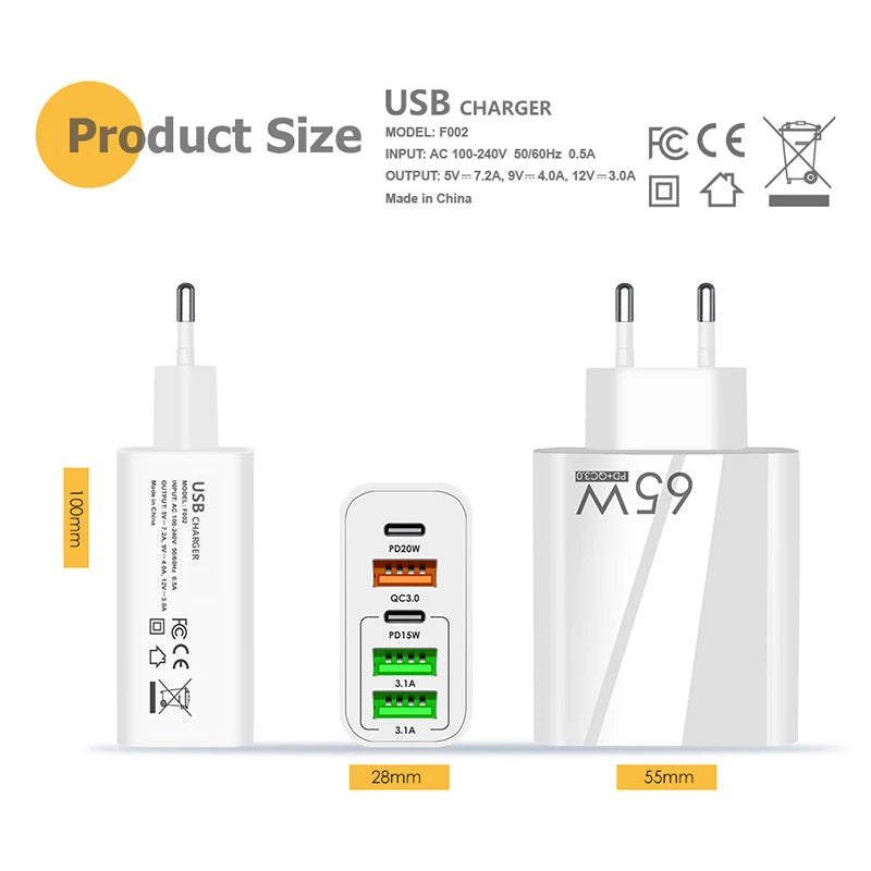 65W Charger Type C Fast Charging QC3.0 For iPhone 14 13 12 Pro Max Huawei Xiaomi Samsung POCO Tablet USB C Charger PD Adapter