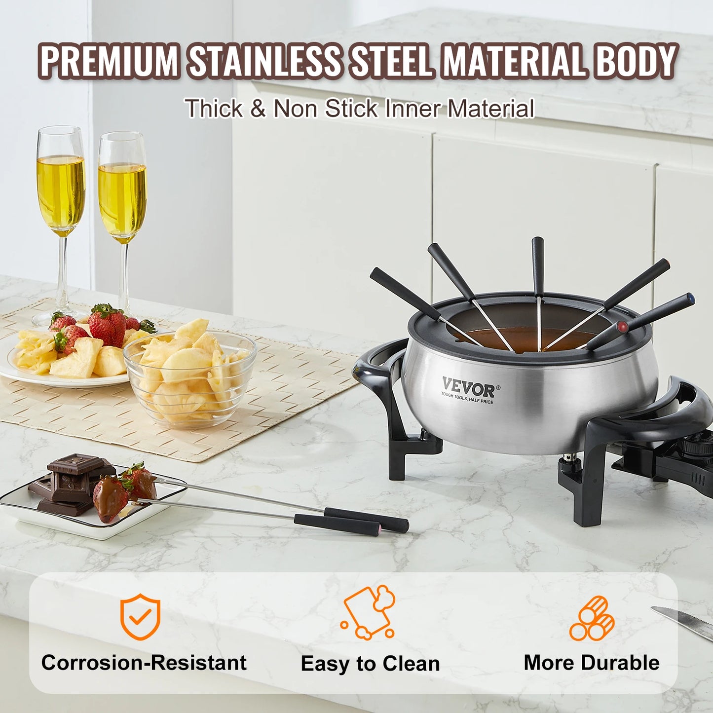 VEVOR Electric Fondue Pot Set for Cheese & Chocolate 3 Quart Chocolate Melting Stainless Steel Fondue with Temperature Control