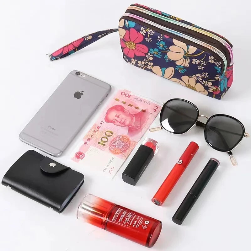 Fashion Women's Clutches Three-layer Zipper Waterproof Nylon Colorful Printed Wristlet Bag Key Coin Purse Wallet Phone Holder