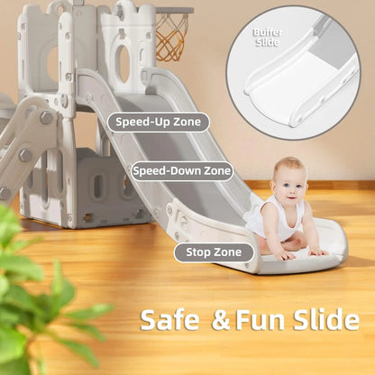 5 in 1 Toddler Slide, Kids Climber Slide with Basketball Hoop and Ball, Indoor Outdoor Playset for Toddlers Age 1-3