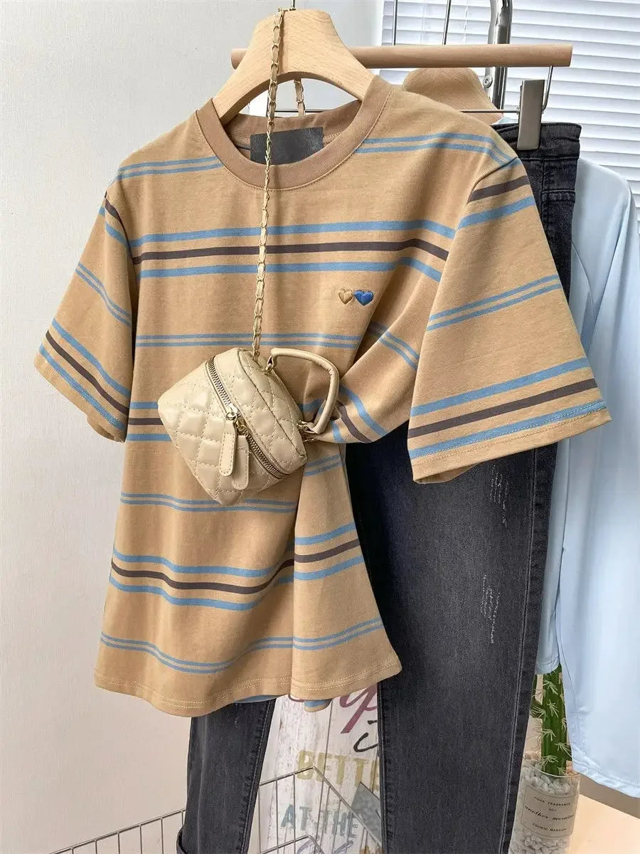 Women's Clothing American Beautiful Contrast Stripe Short Sleeve T-Shirt Summer Loose Casual Versatile Fashion Top