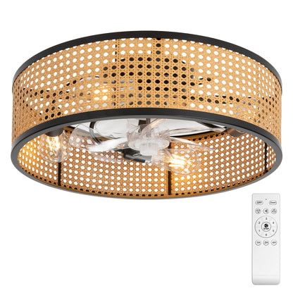 20" Flush Mount Ceiling Fan with Light & Remote Control, Drum Shade, Bladeless/Quiet Motor/Low Profile, for Kitchen Bedroom