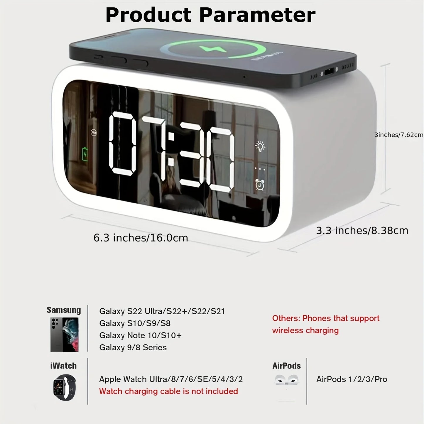 LED Large Screen Wireless Charging Alarm Clock Magnetic Fast Charging, Wireless Clock Charger, dimmable Alarm Clock