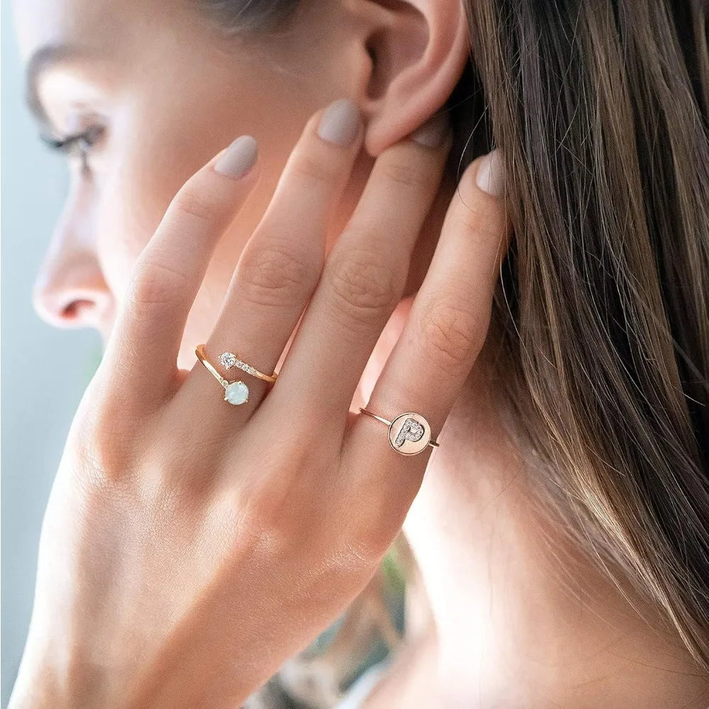 14K Gold Plated Adjustable Created Opal Rings | Stacking Rings | Gold Rings for Women