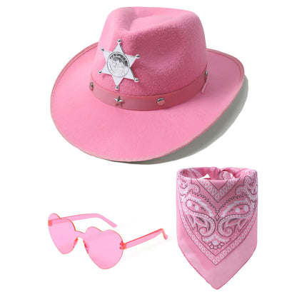 Kids Cowboy Hat Girls Pink Cowgirl Hat with Bandana Glasses Western Caps Performance Birthday Party Costume Accessories