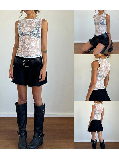 Women Tank Tops Lace Mesh See-Through Casual Vests Summer Sleeveless Tops Streetwear