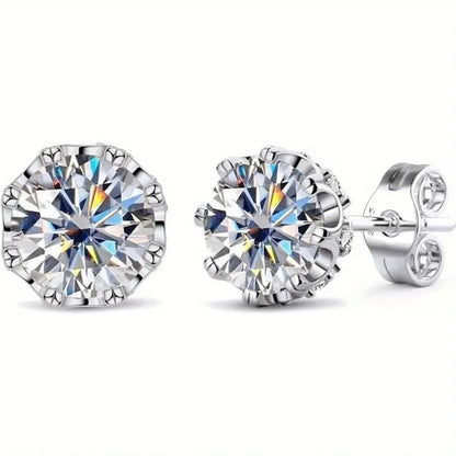 18K White Gold Plated Brilliant Cut Cubic Zirconia Stud Earrings Unisex 8 Prong 8 Zirconia Sterling Silver Posts Hypoallergenic