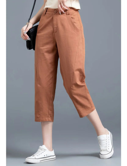 Women Clothing New Summer Simple Casual Cotton Linen Haren Capri Pants Female Solid High Waist Loose Cropped Trousers Pantalones