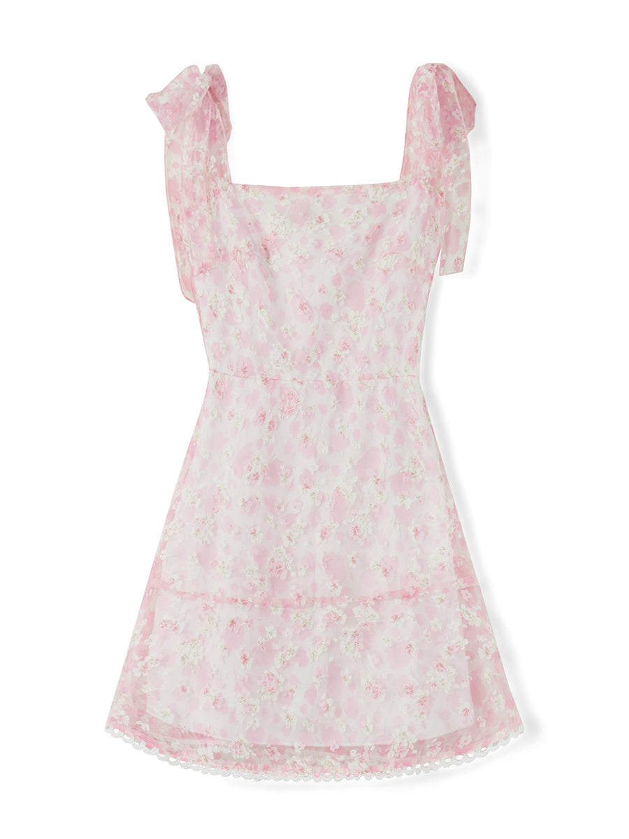 Women Summer Casual Dress Floral Print Tie-Up Shoulder Strap Mini Dress Fashion Double Layer Backless Cami Dress