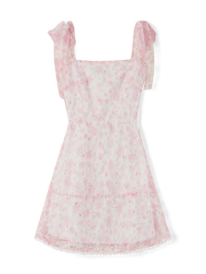 Women Summer Casual Dress Floral Print Tie-Up Shoulder Strap Mini Dress Fashion Double Layer Backless Cami Dress